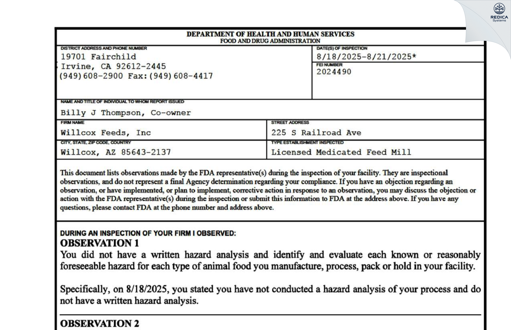 FDA 483 - Willcox Feeds Inc. [Willcox / United States of America] - Download PDF - Redica Systems