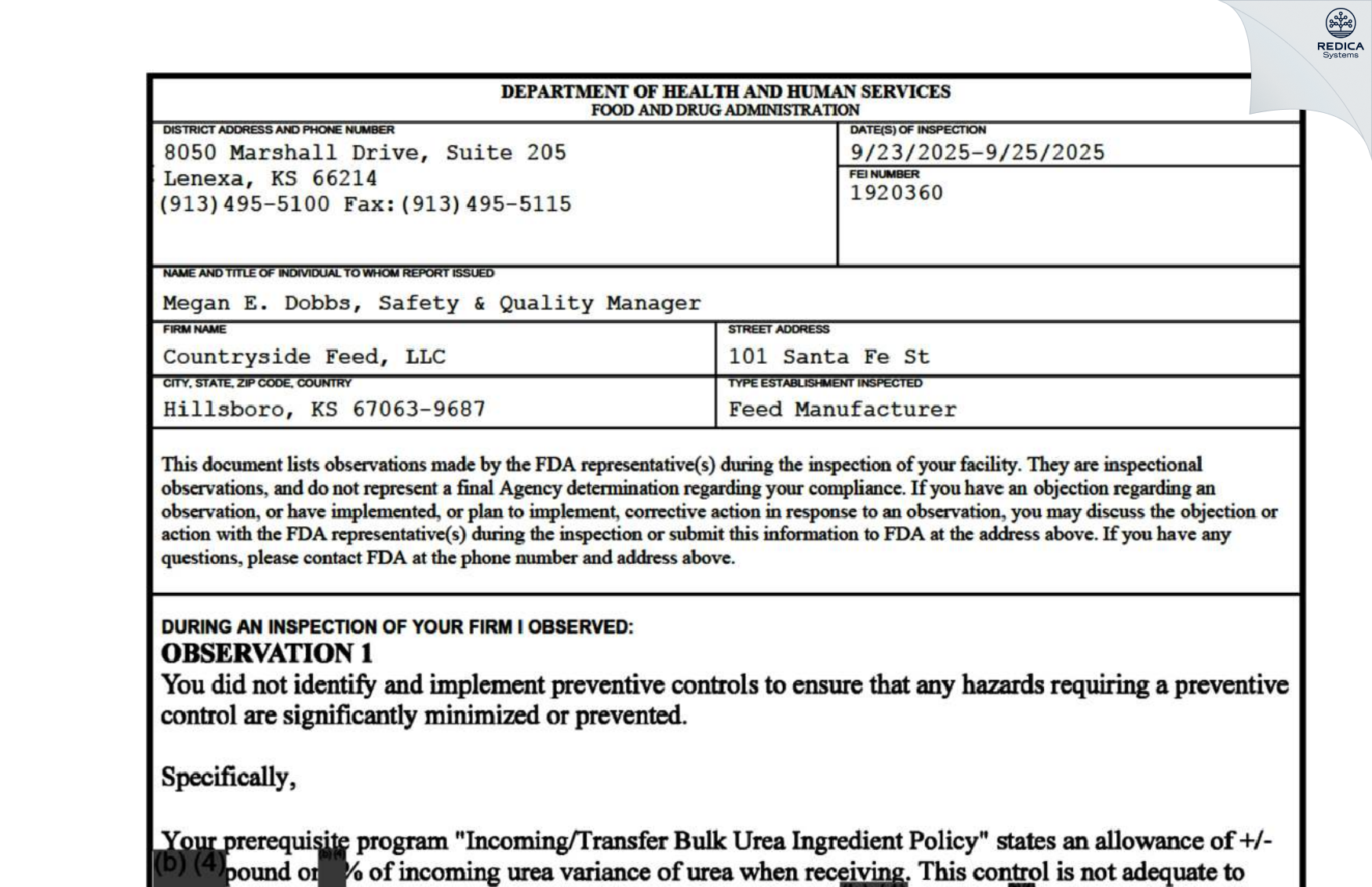 FDA 483 - Countryside Feed, LLC [Hillsboro / United States of America] - Download PDF - Redica Systems