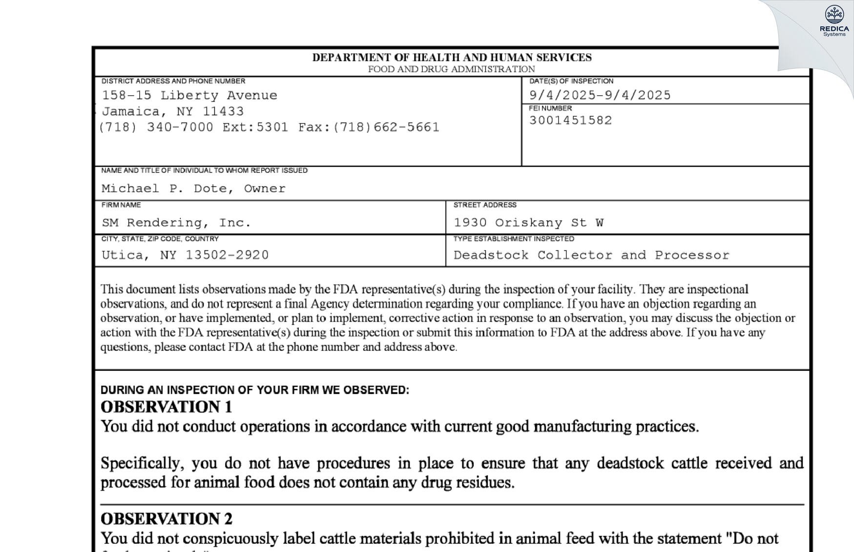 FDA 483 - SM Rendering, Inc. [Utica / United States of America] - Download PDF - Redica Systems