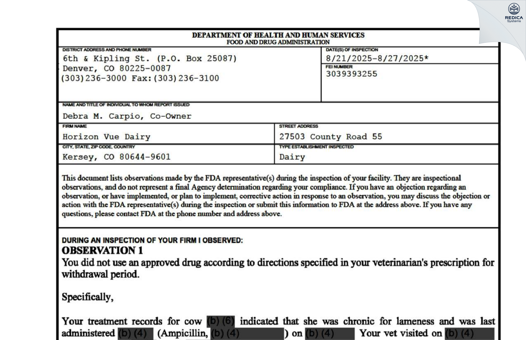FDA 483 - Horizon Vue Dairy [Kersey / United States of America] - Download PDF - Redica Systems