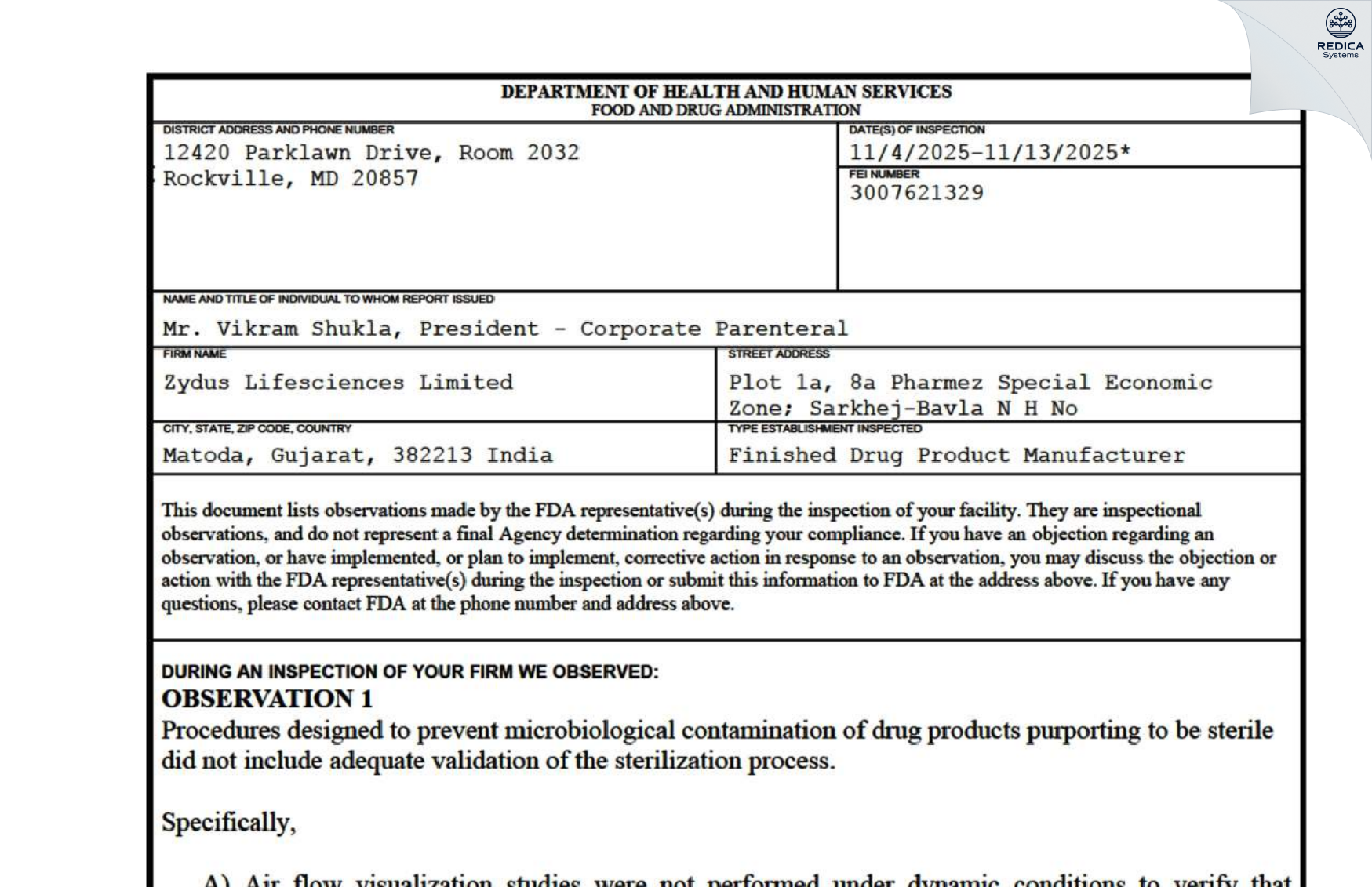 FDA 483 - Zydus Lifesciences Limited [Sanand / India] - Download PDF - Redica Systems