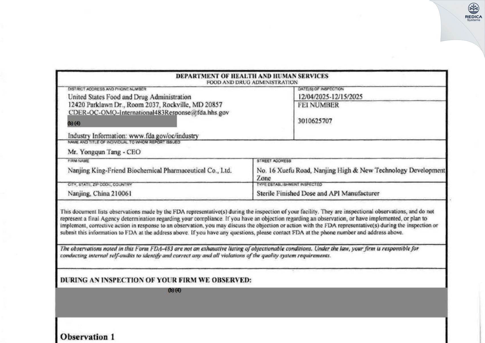 FDA 483 - Nanjing King-Friend Biochemical Pharmaceutical Co.,Ltd. (FDF Site) [Nanjing / China] - Download PDF - Redica Systems
