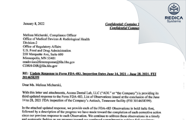FDA 483 Response - Access Dental Lab, LLC [Antioch / United States of America] - Download PDF - Redica Systems