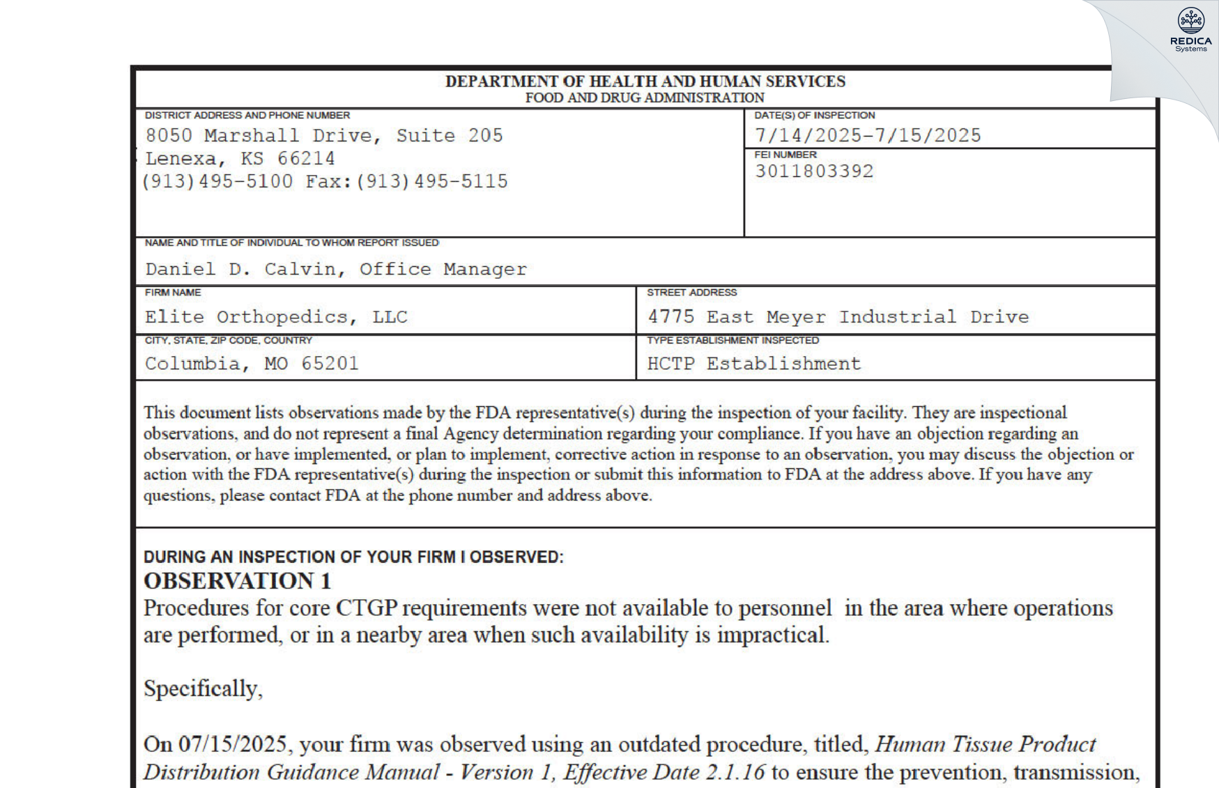 FDA 483 - Elite Orthopedics, LLC [Columbia / United States of America] - Download PDF - Redica Systems