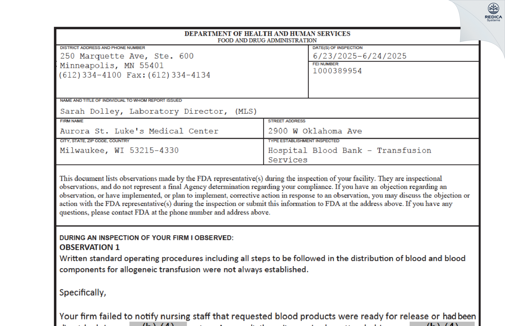 FDA 483 - Aurora St. Luke's Medical Center of Aurora Health Care Metro, Inc. [Milwaukee / United States of America] - Download PDF - Redica Systems
