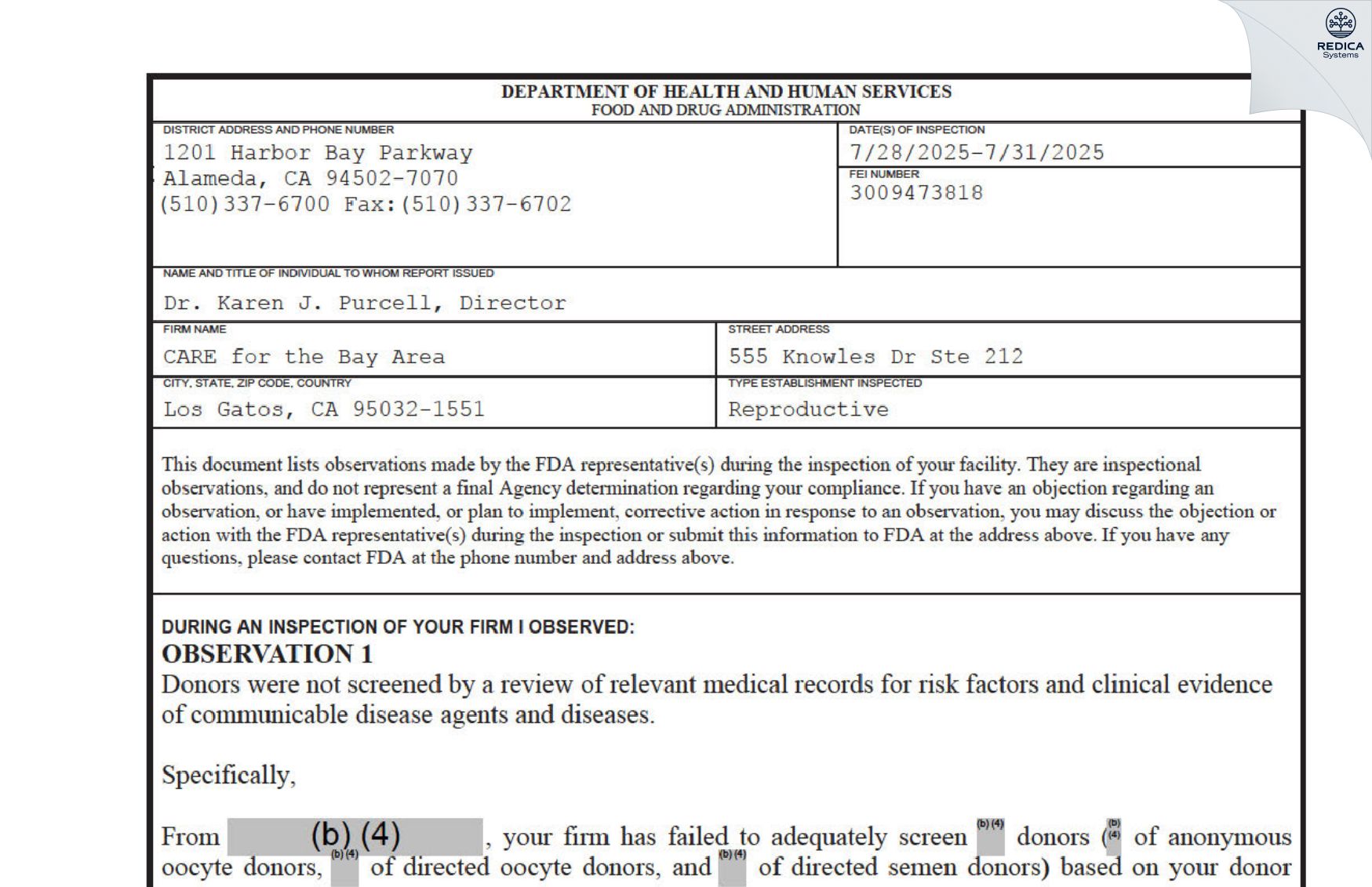 FDA 483 - CARE for the Bay Area [Los Gatos / United States of America] - Download PDF - Redica Systems