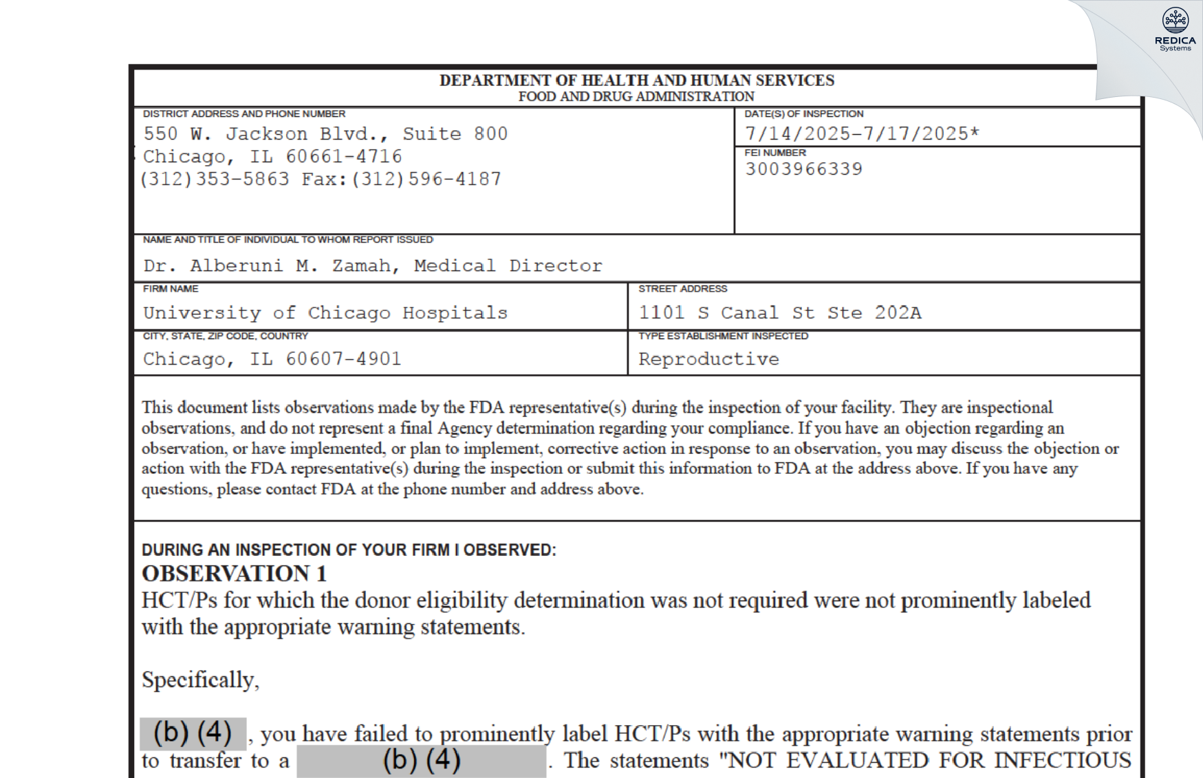 FDA 483 - University of Chicago Hospitals [Chicago / United States of America] - Download PDF - Redica Systems