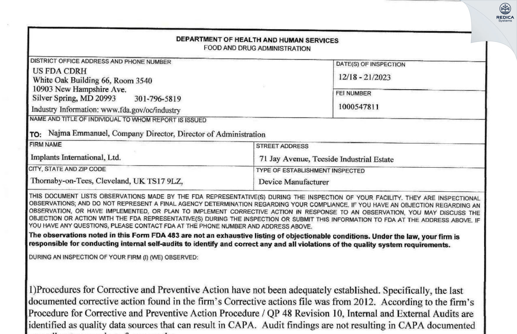 FDA 483 - Implants International Ltd. [Stockton-On-Tees / United Kingdom of Great Britain and Northern Ireland] - Download PDF - Redica Systems