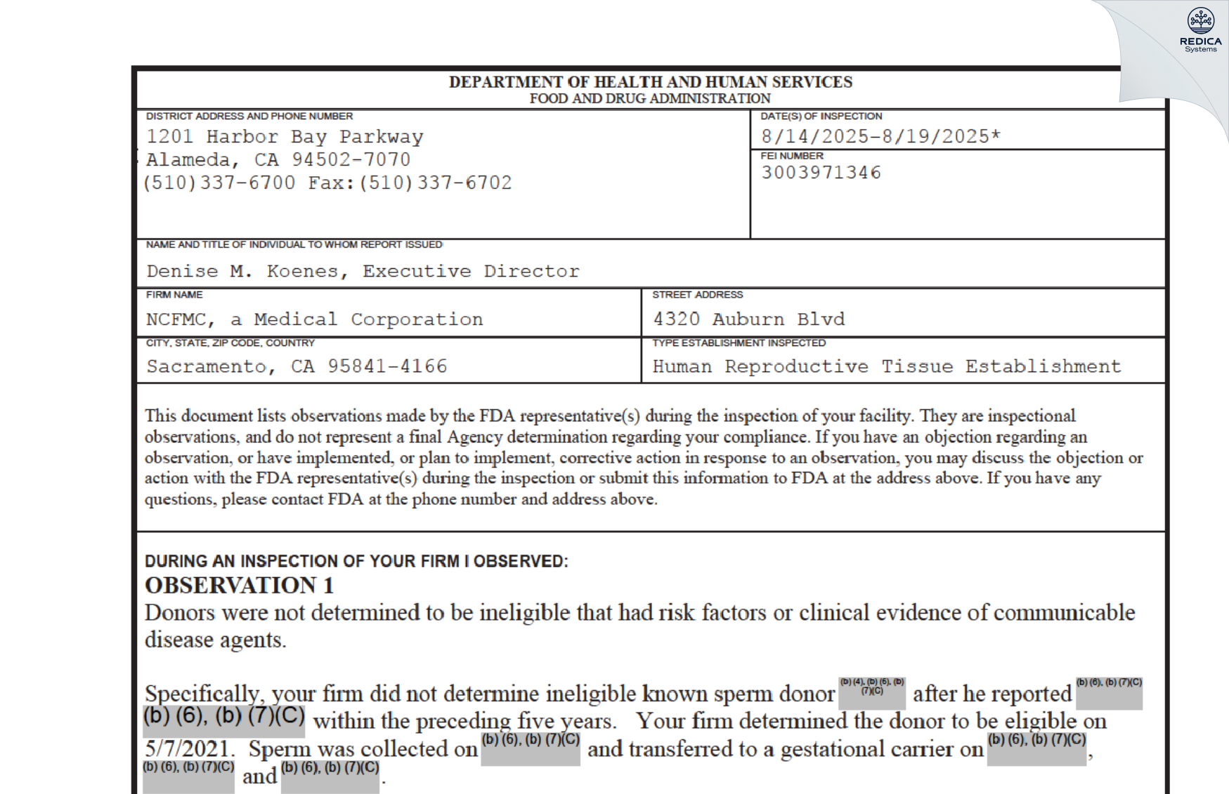 FDA 483 - Northern California Fertility Medical Center [Roseville / United States of America] - Download PDF - Redica Systems