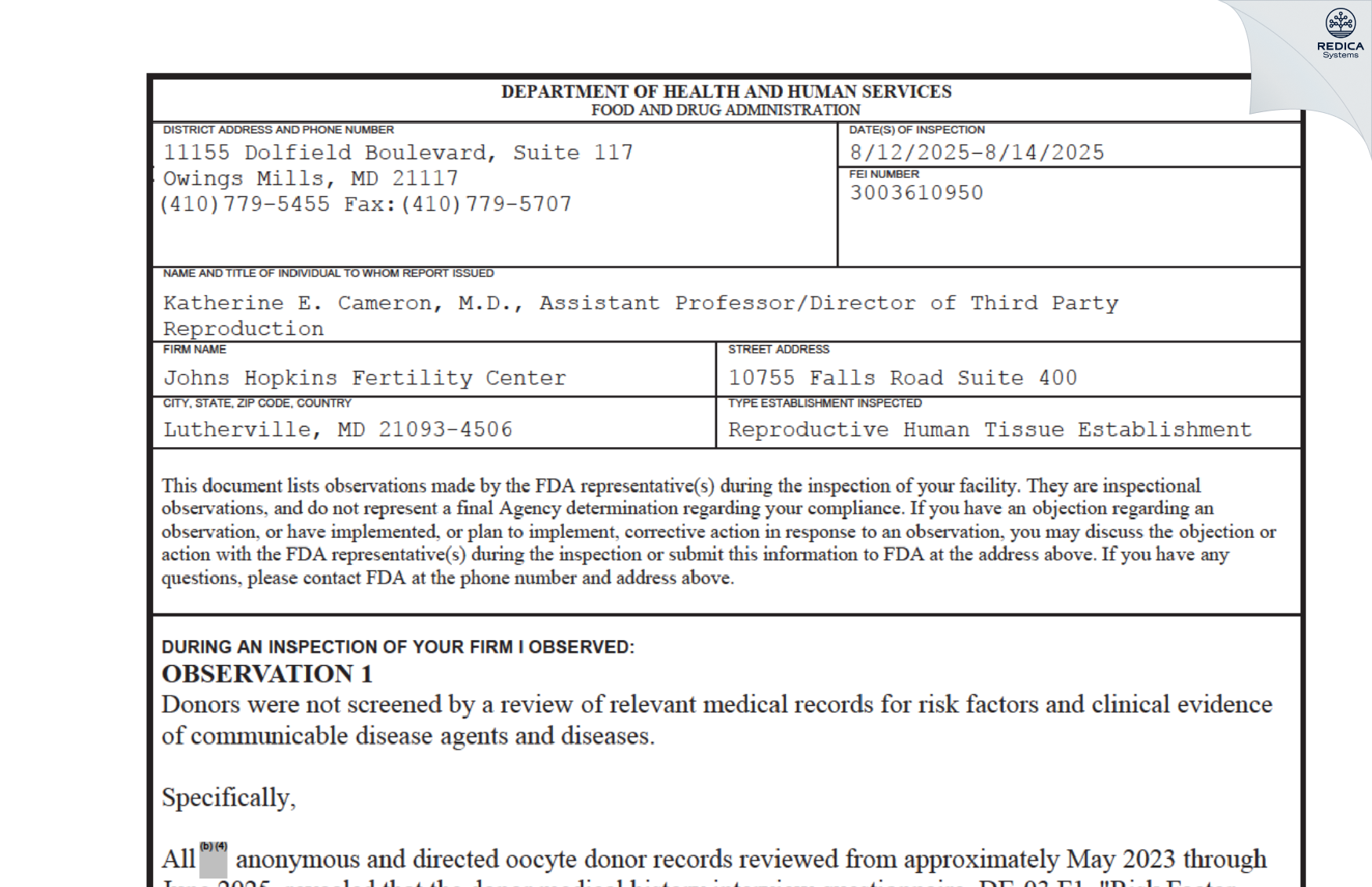 FDA 483 - IVF/ART Laboratories/JHH at Green Spring Station [Lutherville Timonium / United States of America] - Download PDF - Redica Systems