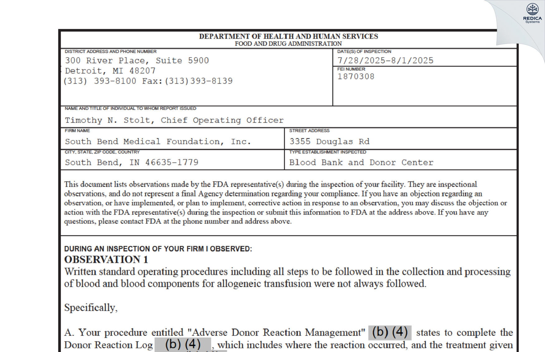 FDA 483 - South Bend Medical Foundation, Inc. [South Bend / United States of America] - Download PDF - Redica Systems