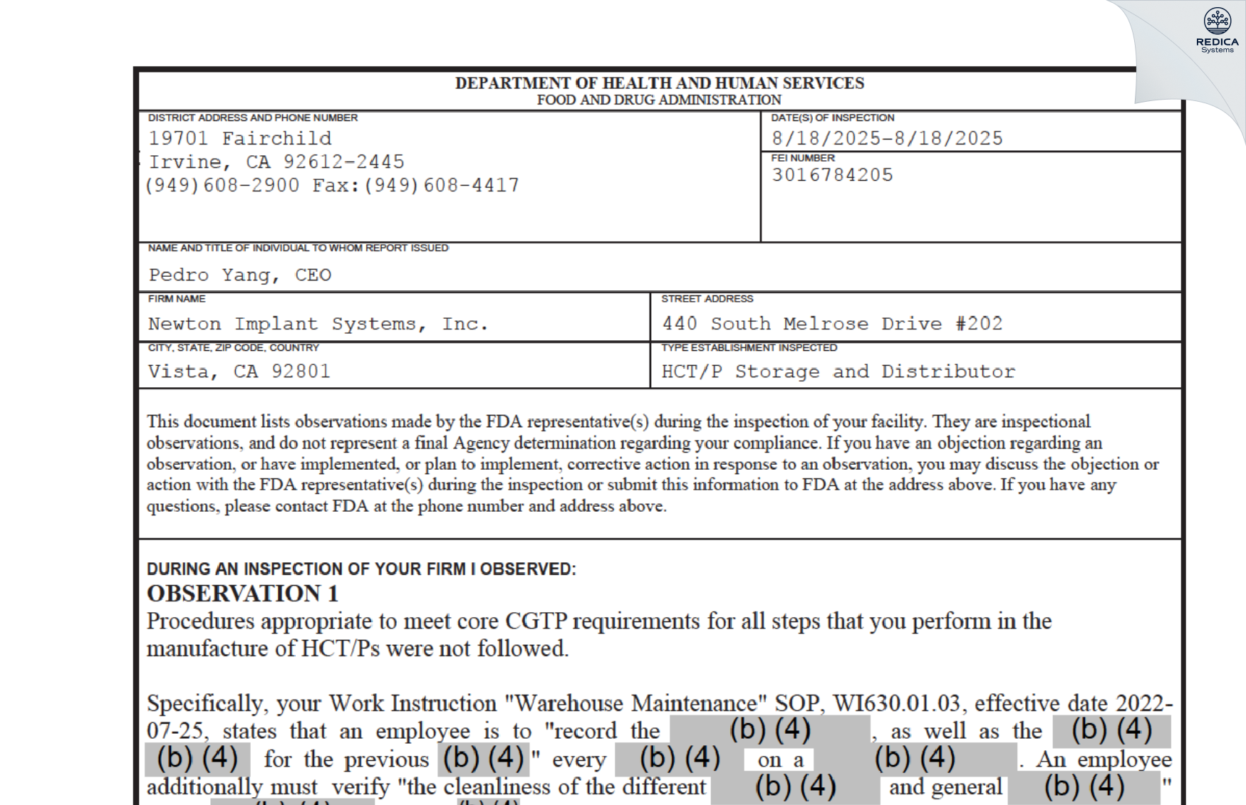FDA 483 - Newton Implant Systems, Inc. [San Diego / United States of America] - Download PDF - Redica Systems