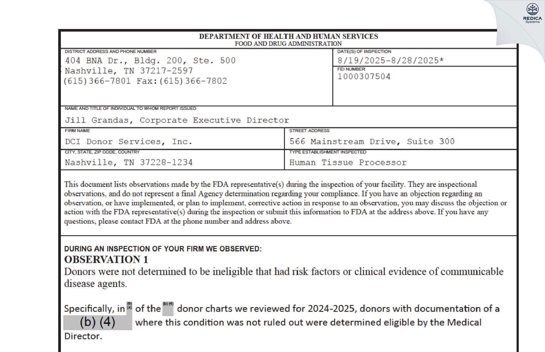 FDA 483 - DCI Donor Services Tissue Bank [Nashville / United States of America] - Download PDF - Redica Systems