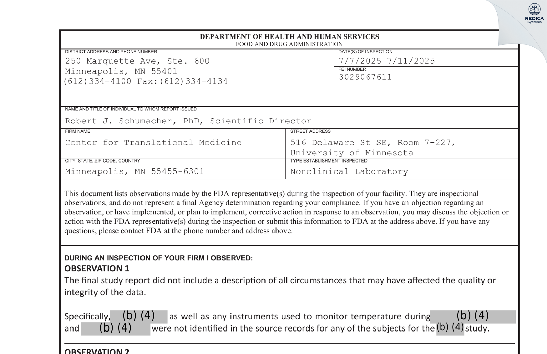 FDA 483 - Center for Translational Medicine [Minneapolis / United States of America] - Download PDF - Redica Systems