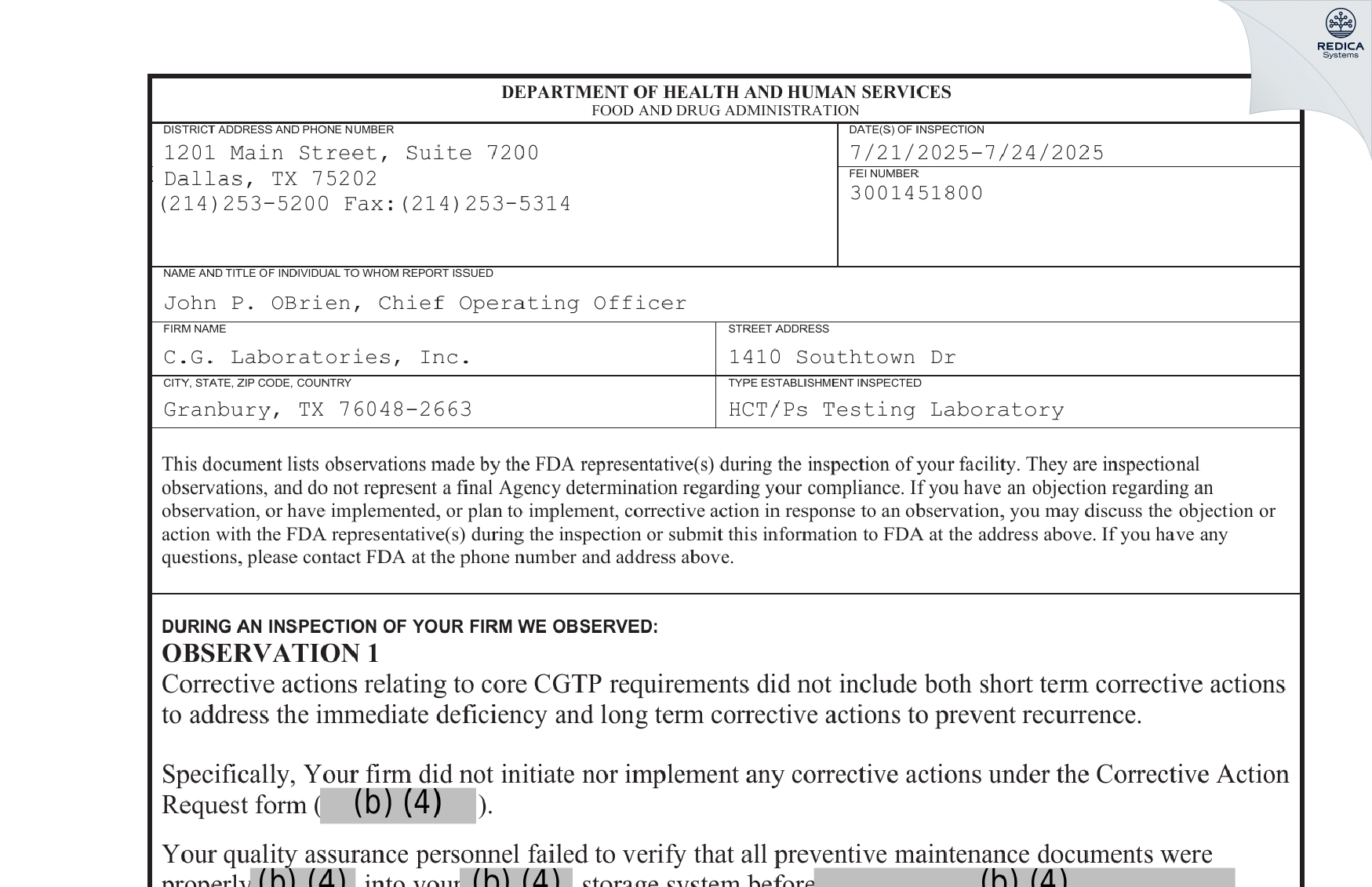 FDA 483 - C.G. Laboratories, Inc. [Granbury / United States of America] - Download PDF - Redica Systems