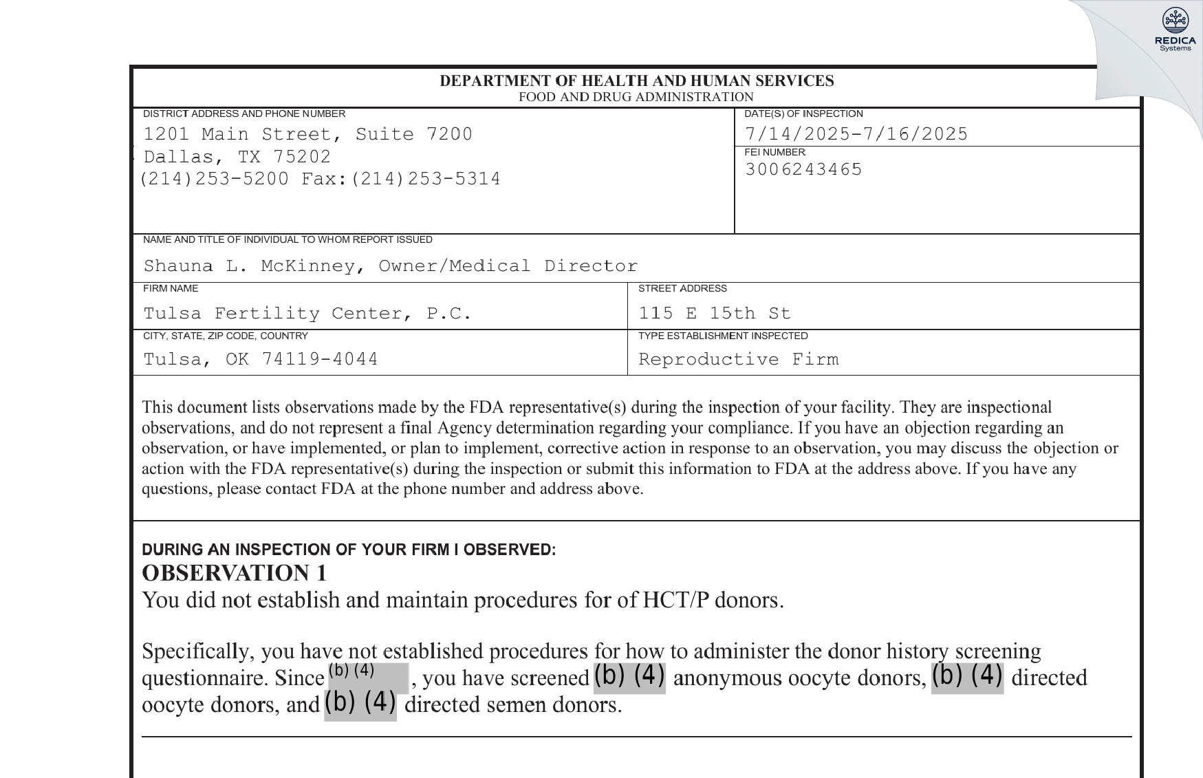 FDA 483 - Tulsa Fertility Center, P.C. [Tulsa / United States of America] - Download PDF - Redica Systems