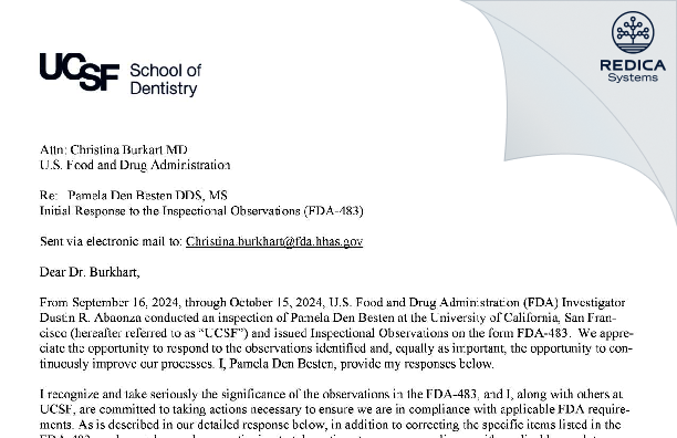 FDA 483 Response - Pamela Den-Besten, DDS [San Francisco / United States of America] - Download PDF - Redica Systems