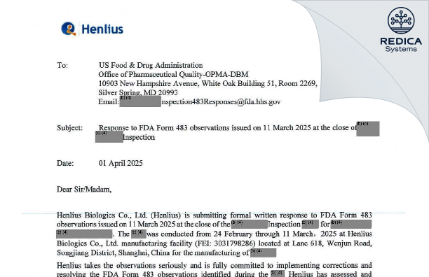 FDA 483 Response - Shanghai Henlius Biologics Co., Ltd. Songjiang Site 2 [Shanghai / China] - Download PDF - Redica Systems