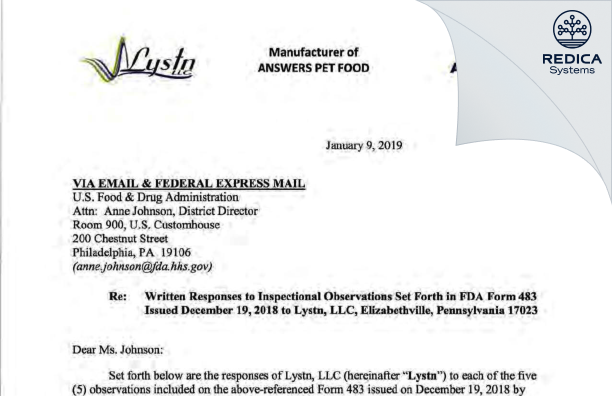 FDA 483 Response - Lystn, LLC DBA Answers Pet Food [Elizabethville / United States of America] - Download PDF - Redica Systems