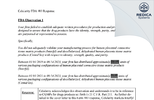 FDA 483 Response - Celularity Inc [Florham Park / United States of America] - Download PDF - Redica Systems
