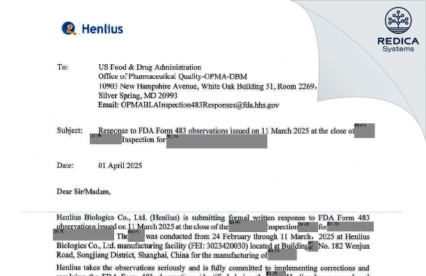 FDA 483 Response - Shanghai Henlius Biologics Co.,Ltd [Songjiang / China] - Download PDF - Redica Systems