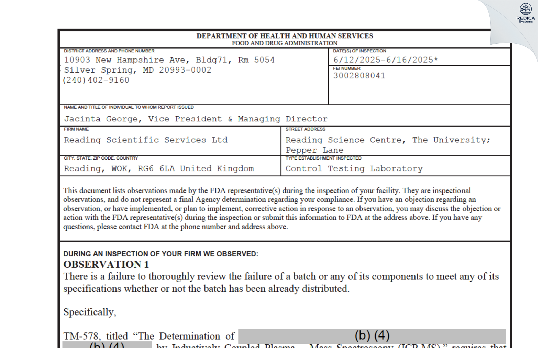 FDA 483 - Reading Scientific Services Limited [Reading / United Kingdom of Great Britain and Northern Ireland] - Download PDF - Redica Systems