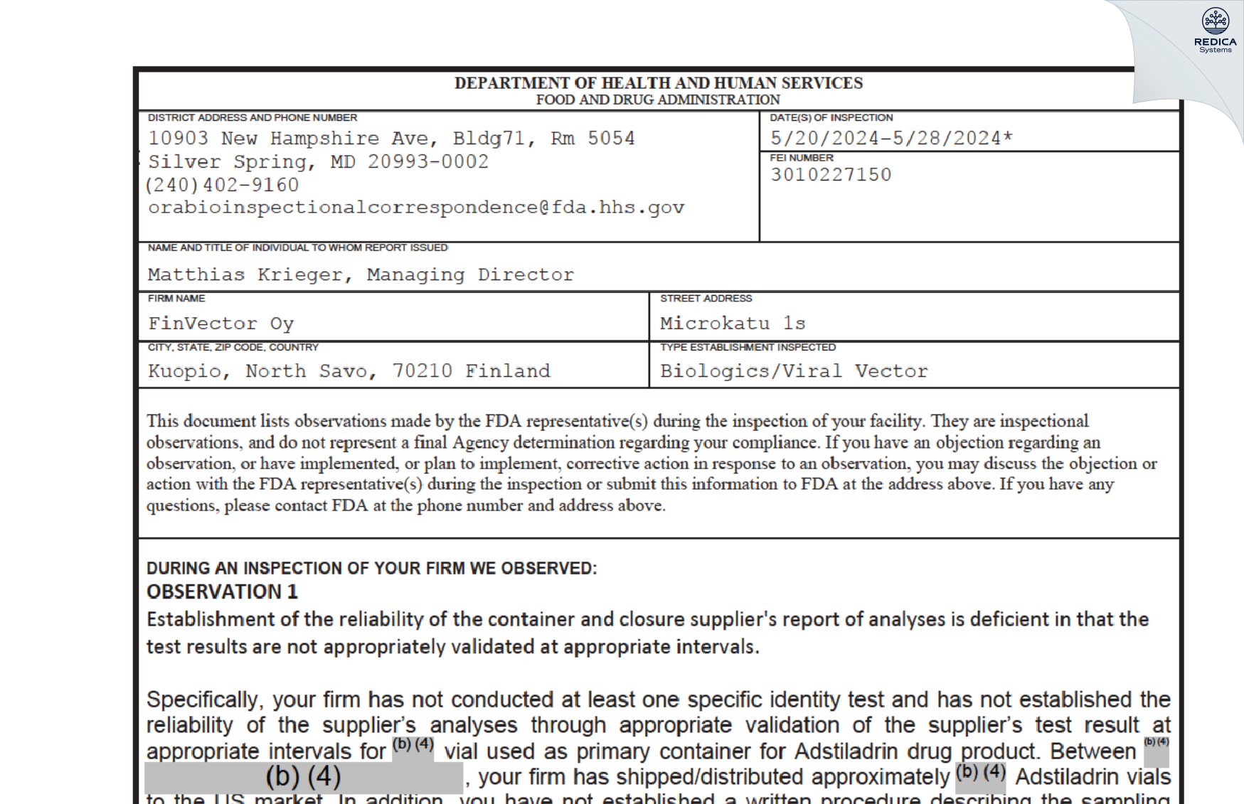 FDA 483 - FinVector Oy [Kuopio / Finland] - Download PDF - Redica Systems