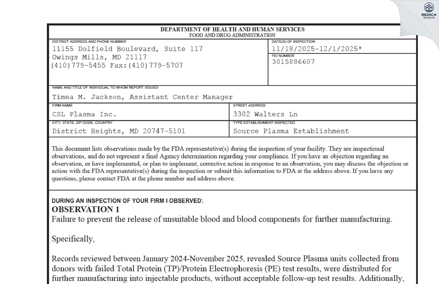 FDA 483 - CSL Plasma Inc [District Heights / United States of America] - Download PDF - Redica Systems