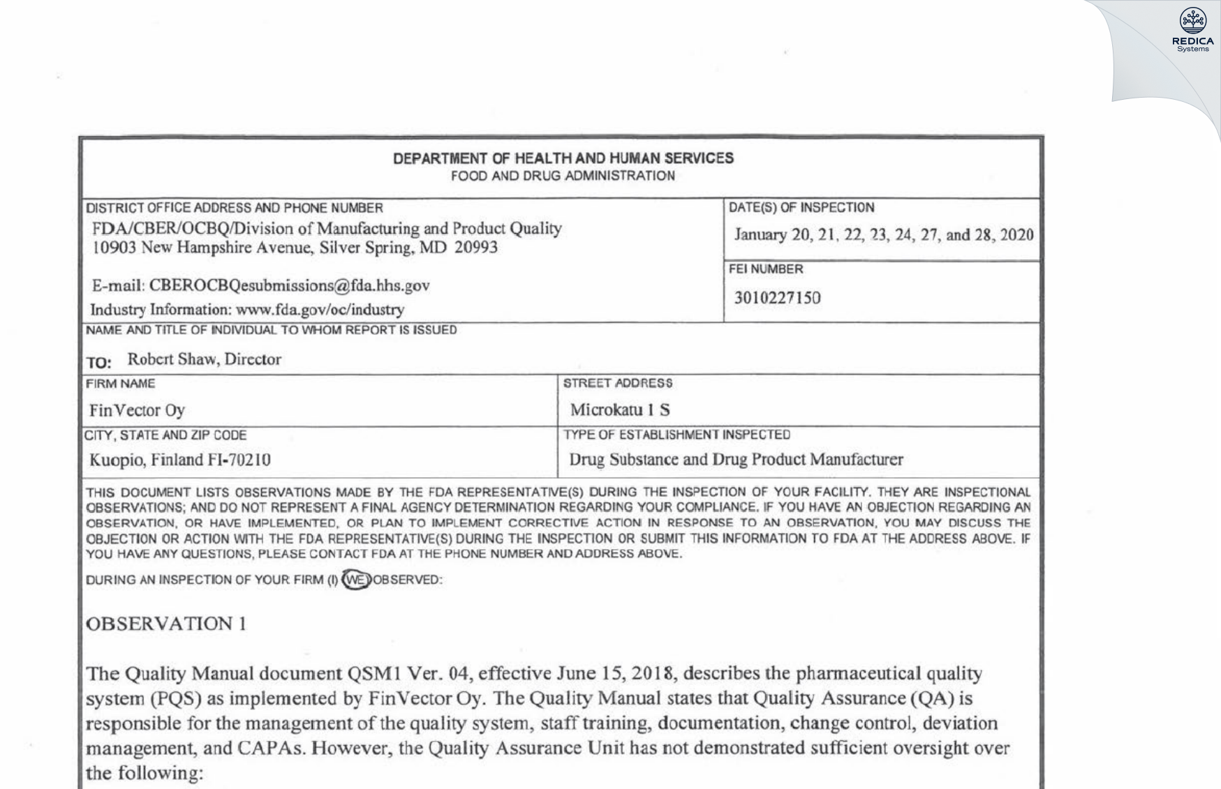 FDA 483 - FinVector Oy [Kuopio / Finland] - Download PDF - Redica Systems
