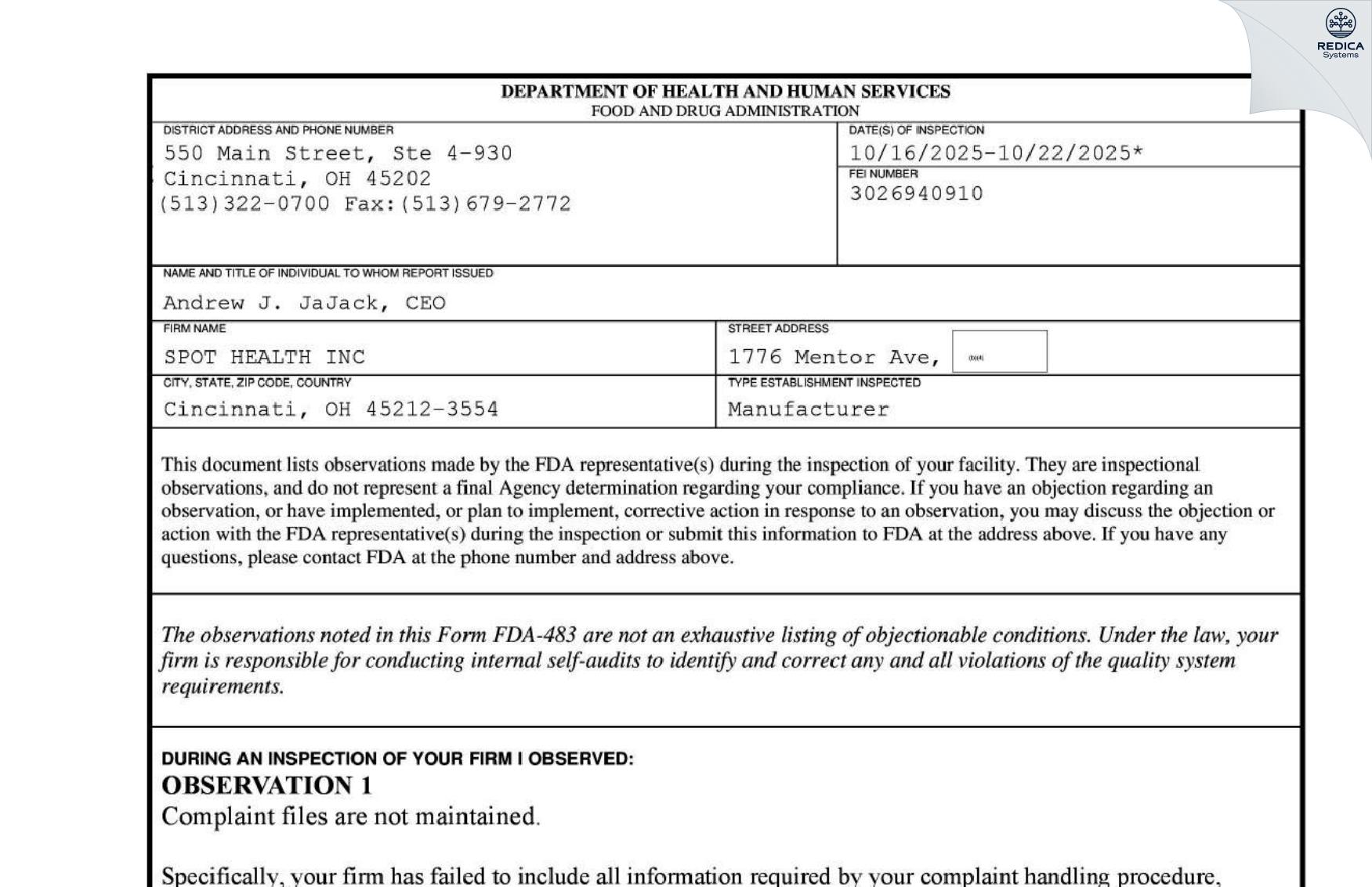 FDA 483 - SPOT HEALTH INC. [Cincinnati / United States of America] - Download PDF - Redica Systems