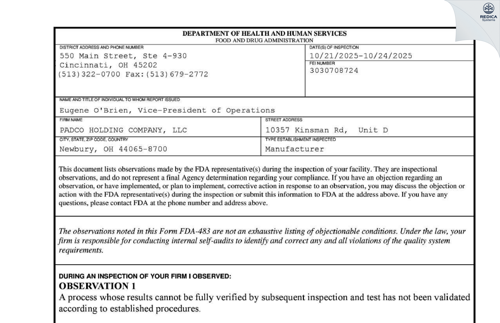 FDA 483 - PADCO HOLDING COMPANY, LLC [Newbury / United States of America] - Download PDF - Redica Systems