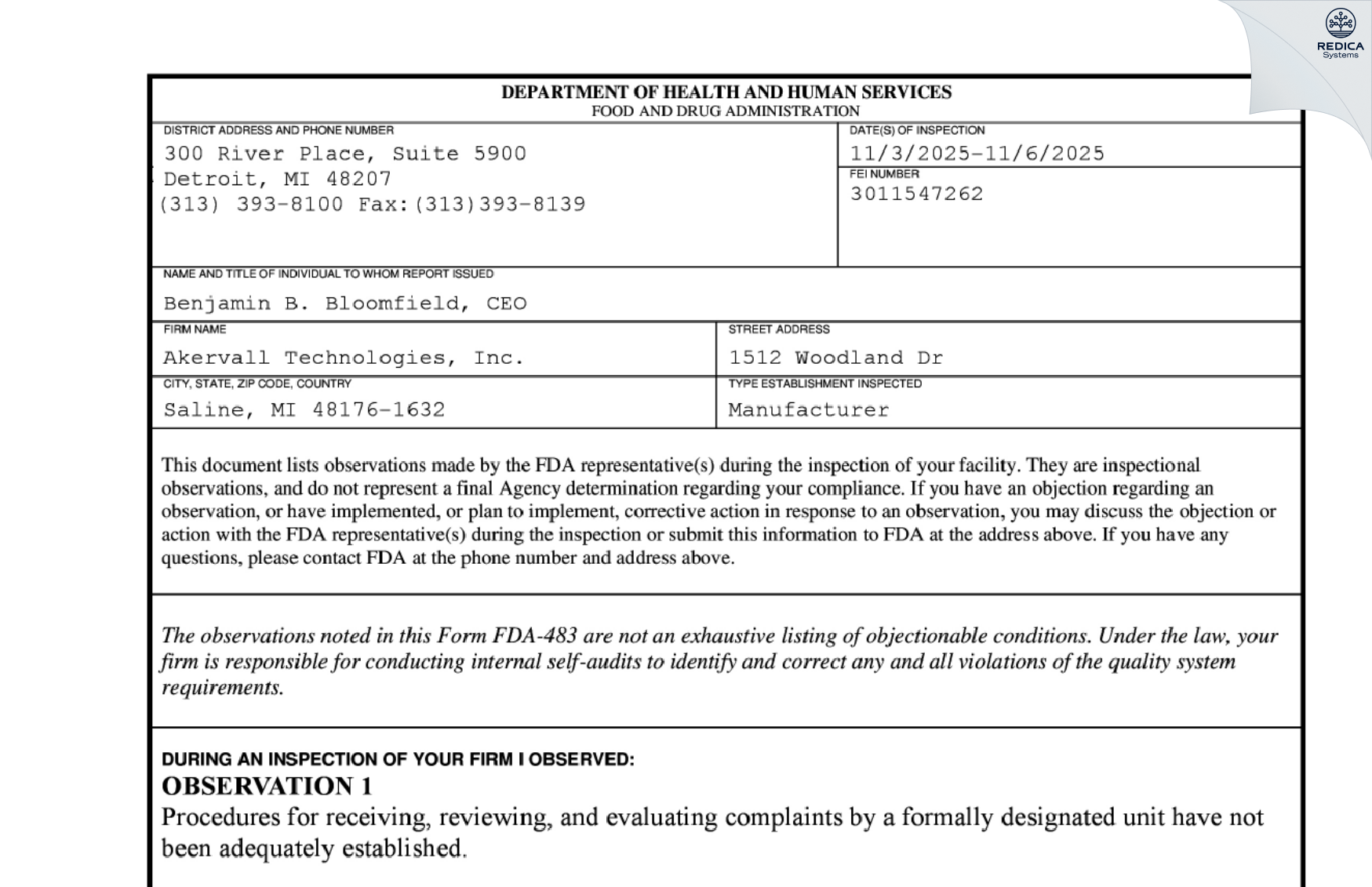 FDA 483 - AKERVALL TECHNOLOGIES [Saline / United States of America] - Download PDF - Redica Systems