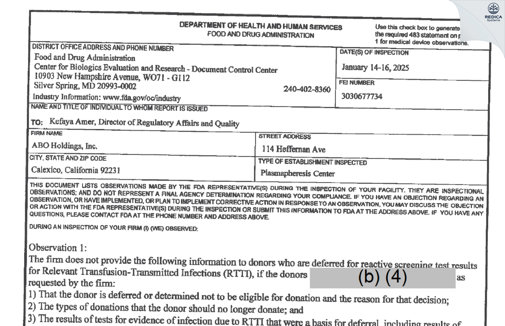 FDA 483 - ABO Holdings Inc [Calexico / United States of America] - Download PDF - Redica Systems