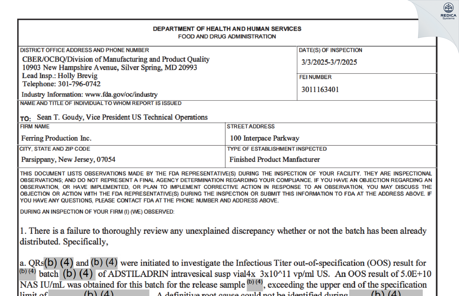 FDA 483 - Ferring Production Inc. [Parsippany / United States of America] - Download PDF - Redica Systems
