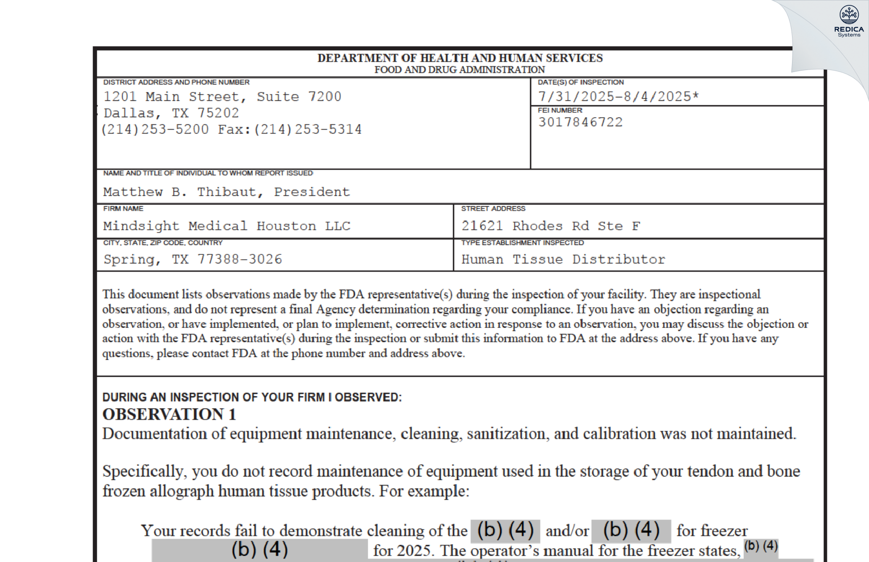 FDA 483 - Mindsight Medical Houston LLC [Spring / United States of America] - Download PDF - Redica Systems