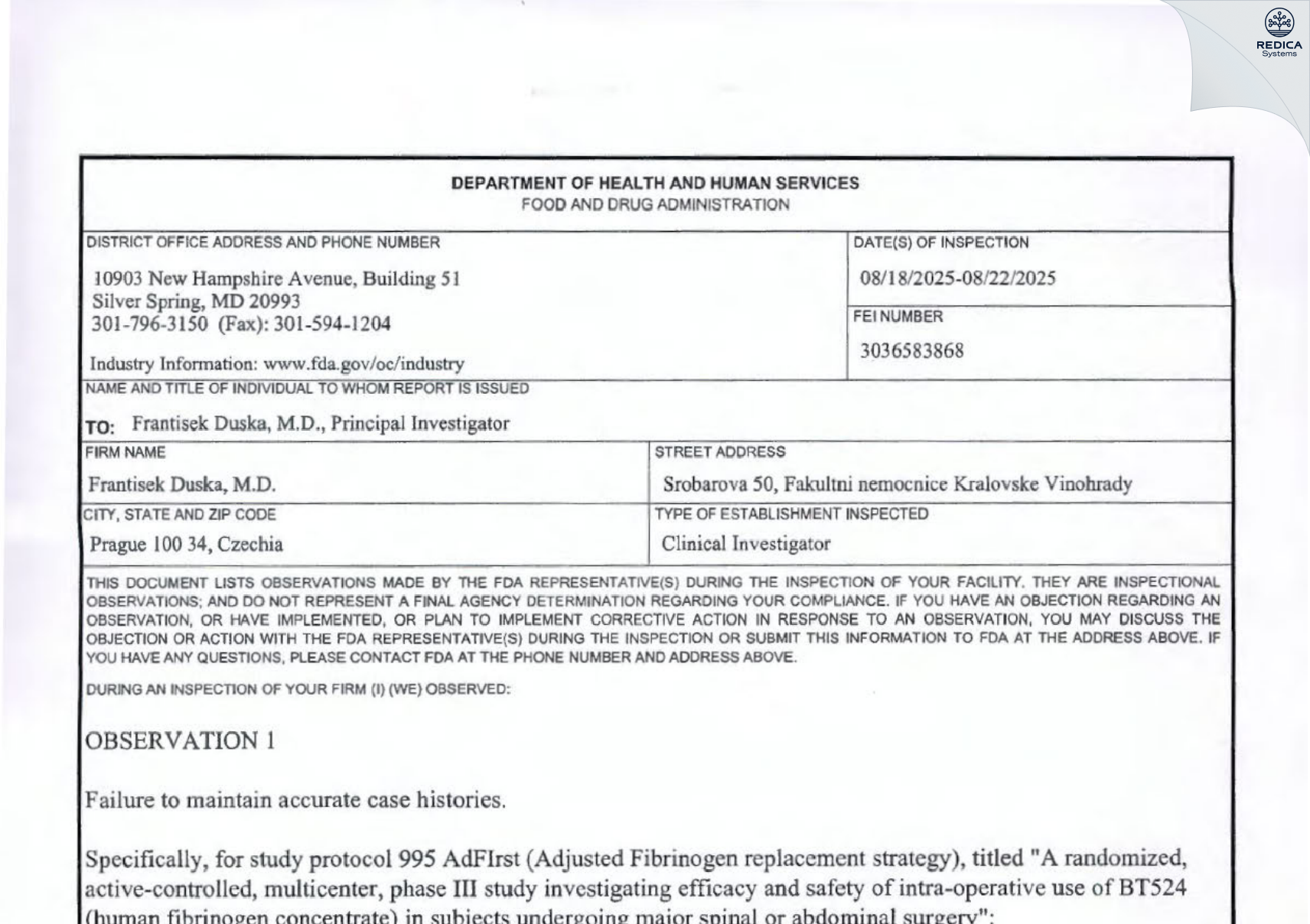 FDA 483 - Frantisek Duska M.D. [Praha / Czechia] - Download PDF - Redica Systems