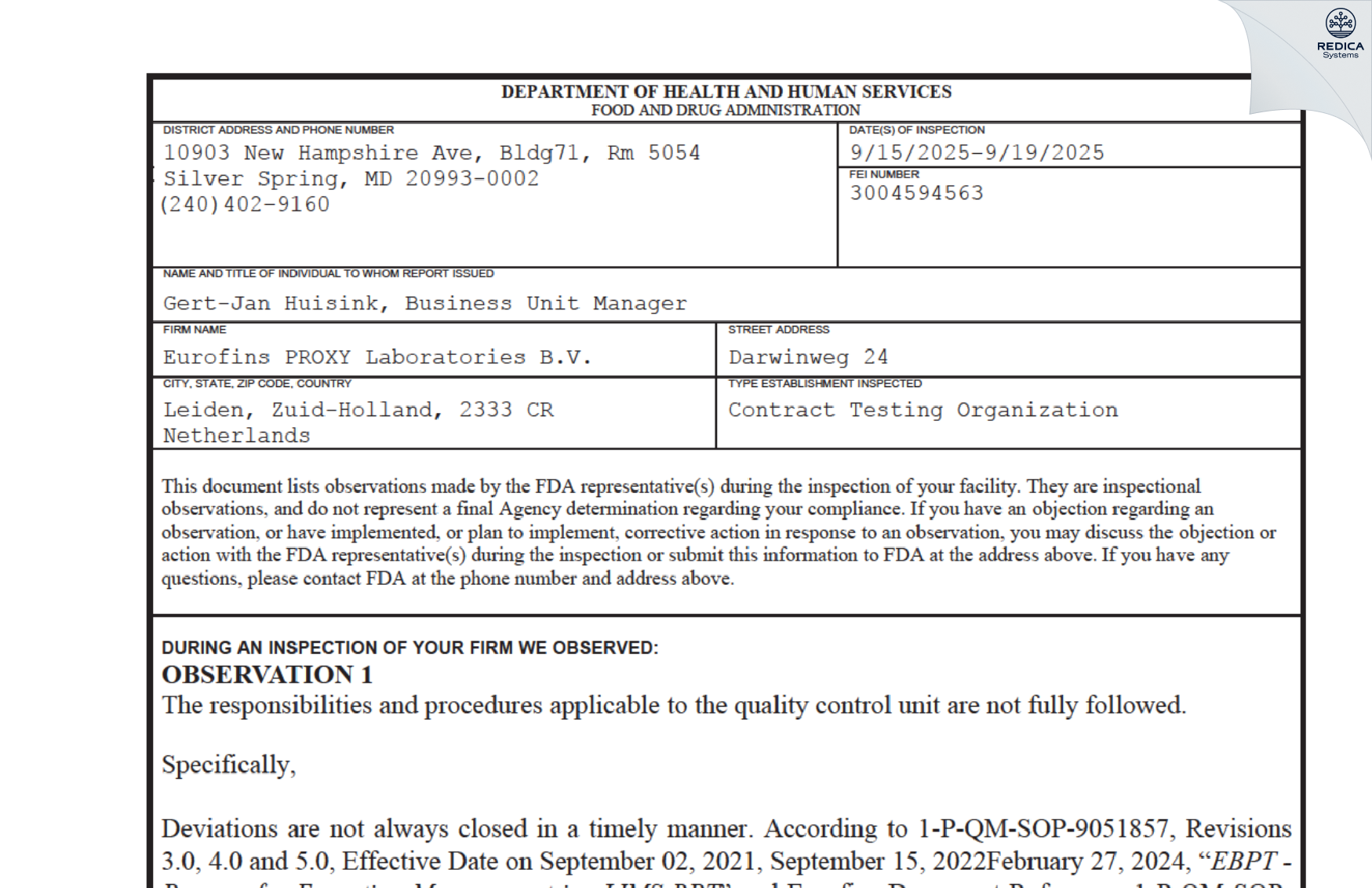 FDA 483 - Eurofins PROXY Laboratories B.V. [Leiden / Netherlands] - Download PDF - Redica Systems