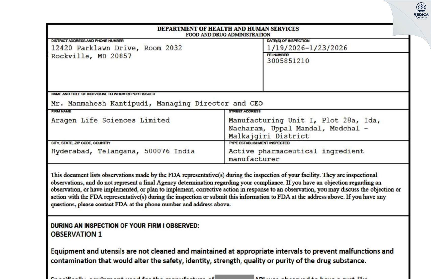 FDA 483 - Aragen Life Sciences Limited [Medipally / India] - Download PDF - Redica Systems