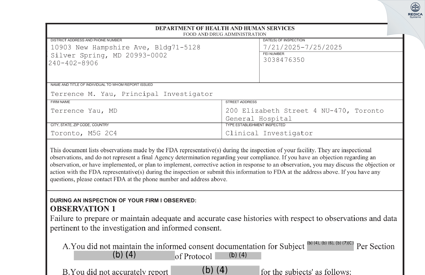 FDA 483 - Terrence Yau Md [Toronto / Canada] - Download PDF - Redica Systems