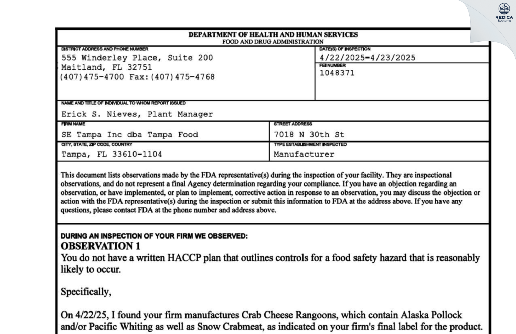 FDA 483 - SE Tampa Inc dba Tampa Food [Tampa / United States of America] - Download PDF - Redica Systems