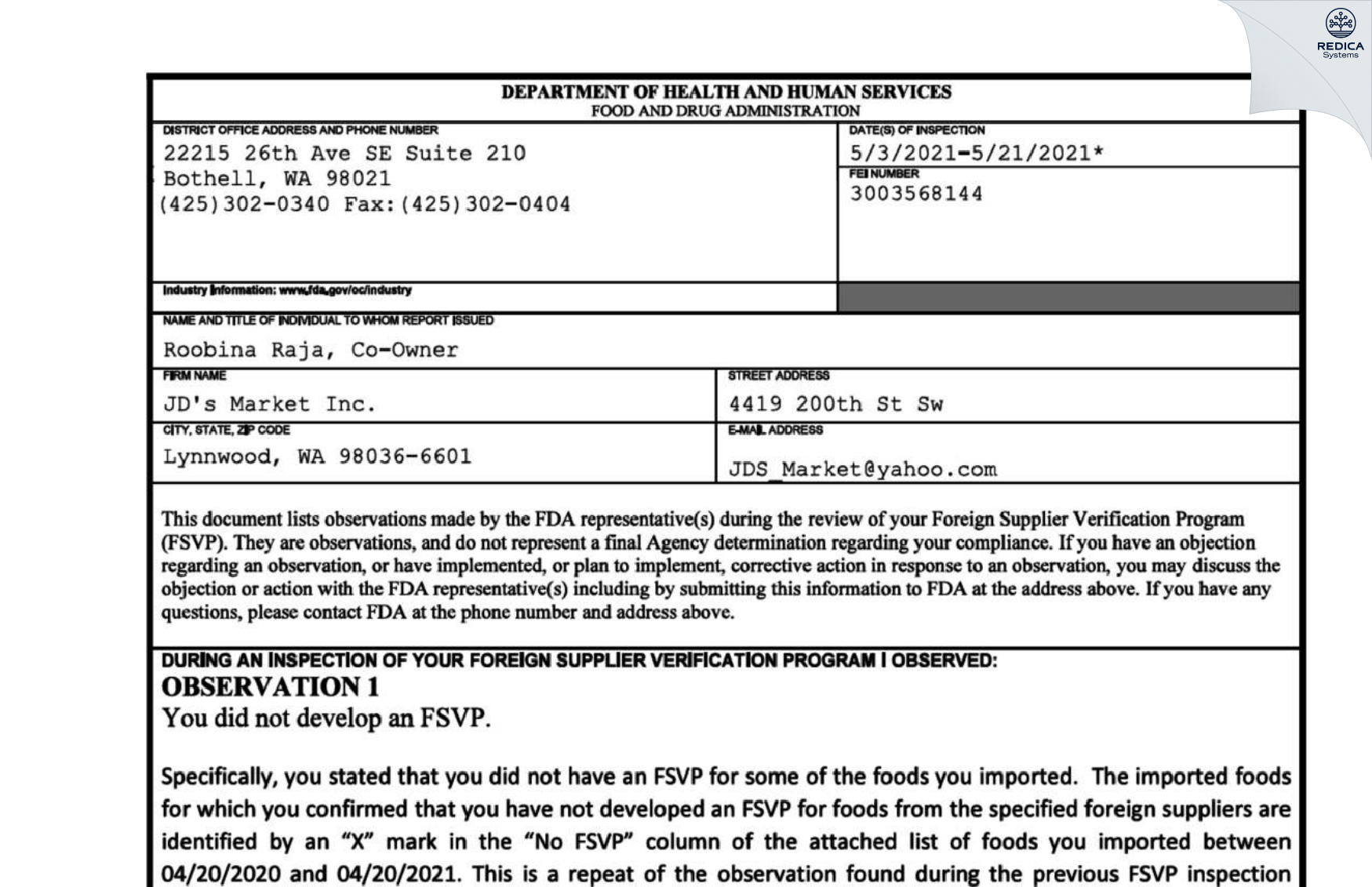 FDA 483 - JD's Market Inc. [Lynnwood / United States of America] - Download PDF - Redica Systems