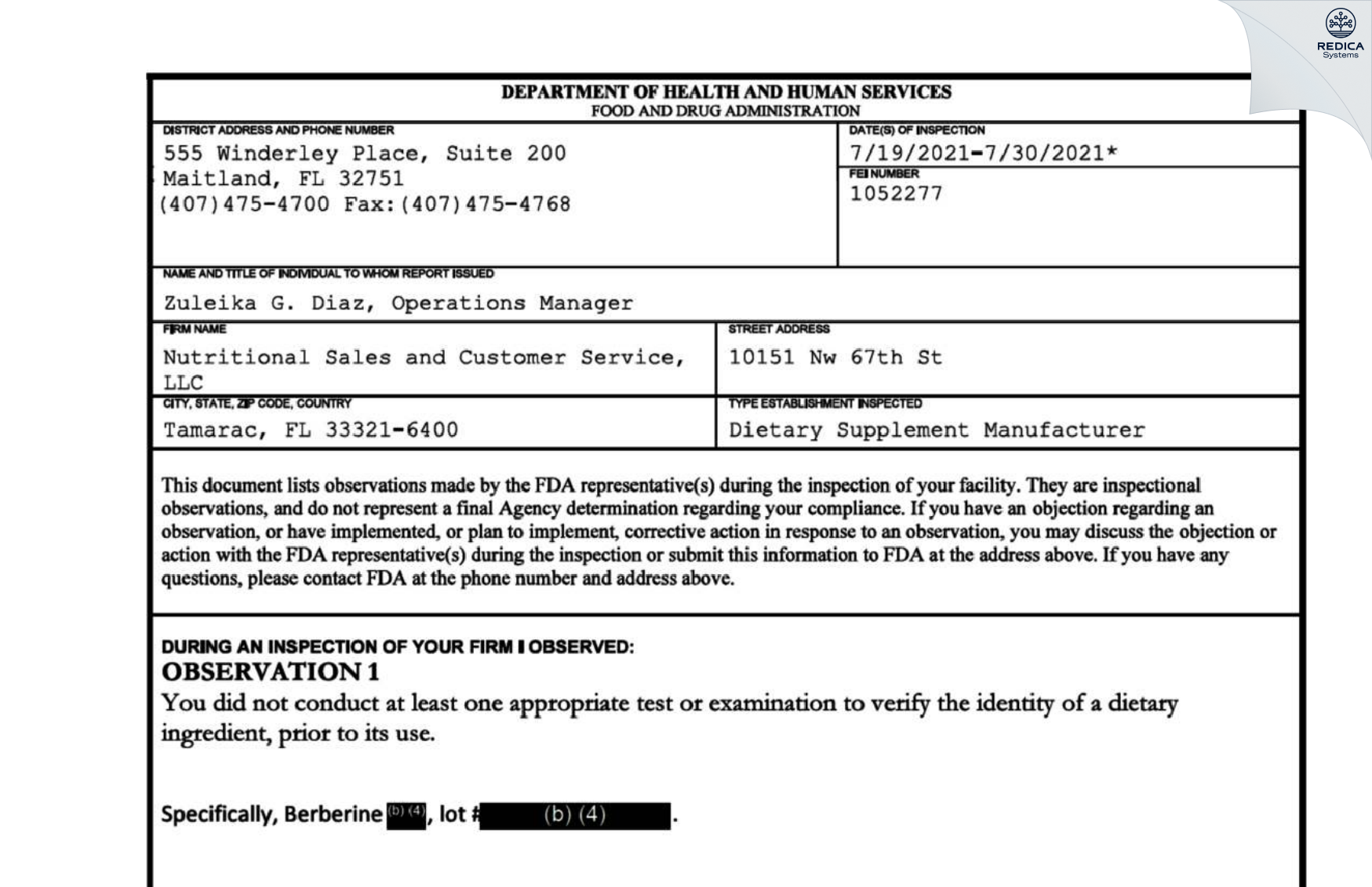 FDA 483 - Nutritional Sales and Customer Service, LLC [Tamarac / United States of America] - Download PDF - Redica Systems