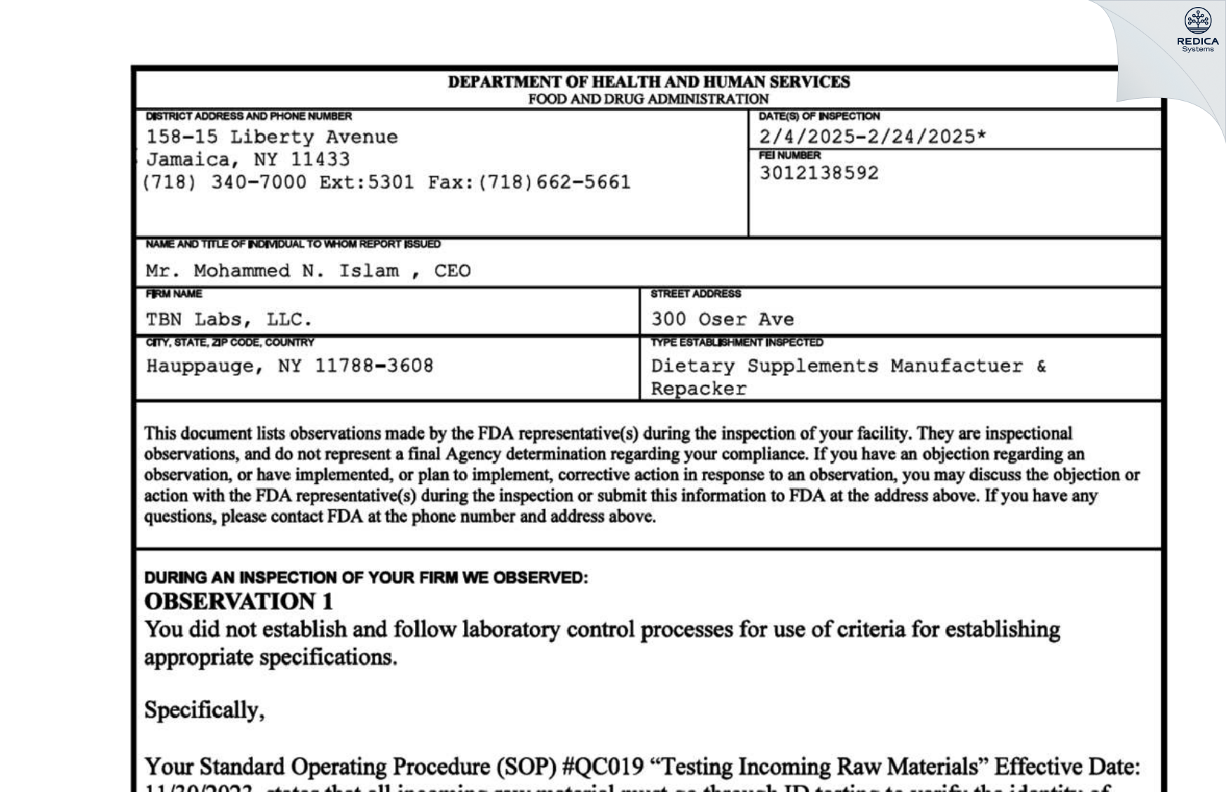 FDA 483 - TBN Labs, LLC. [Hauppauge / United States of America] - Download PDF - Redica Systems