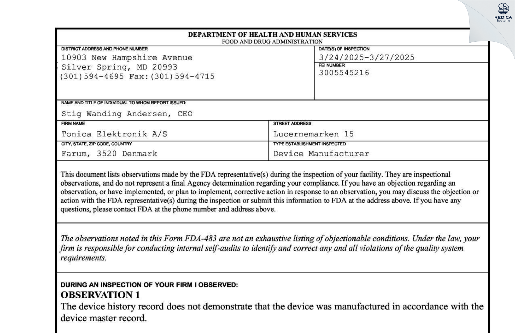 FDA 483 - Tonica Elektronik A/S [Farum / Denmark] - Download PDF - Redica Systems