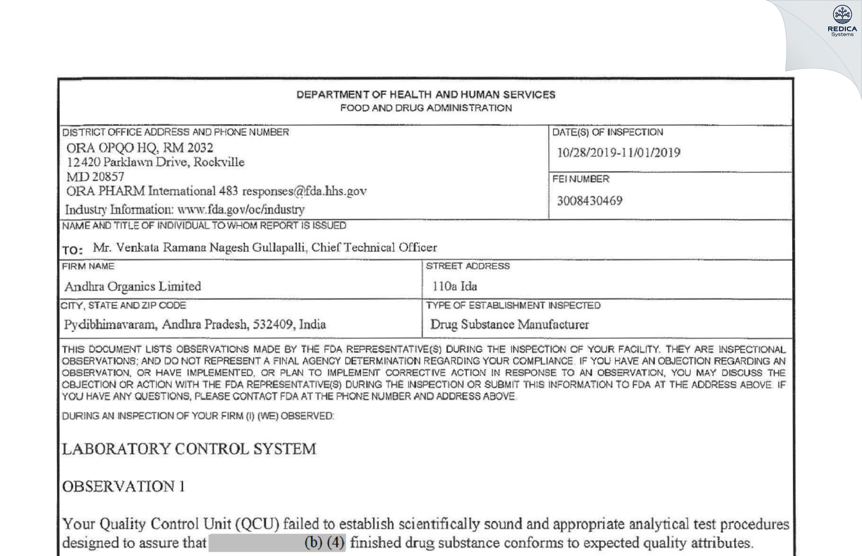 FDA 483 - Andhra Organics Limited [Paidibhimavaram / India] - Download PDF - Redica Systems