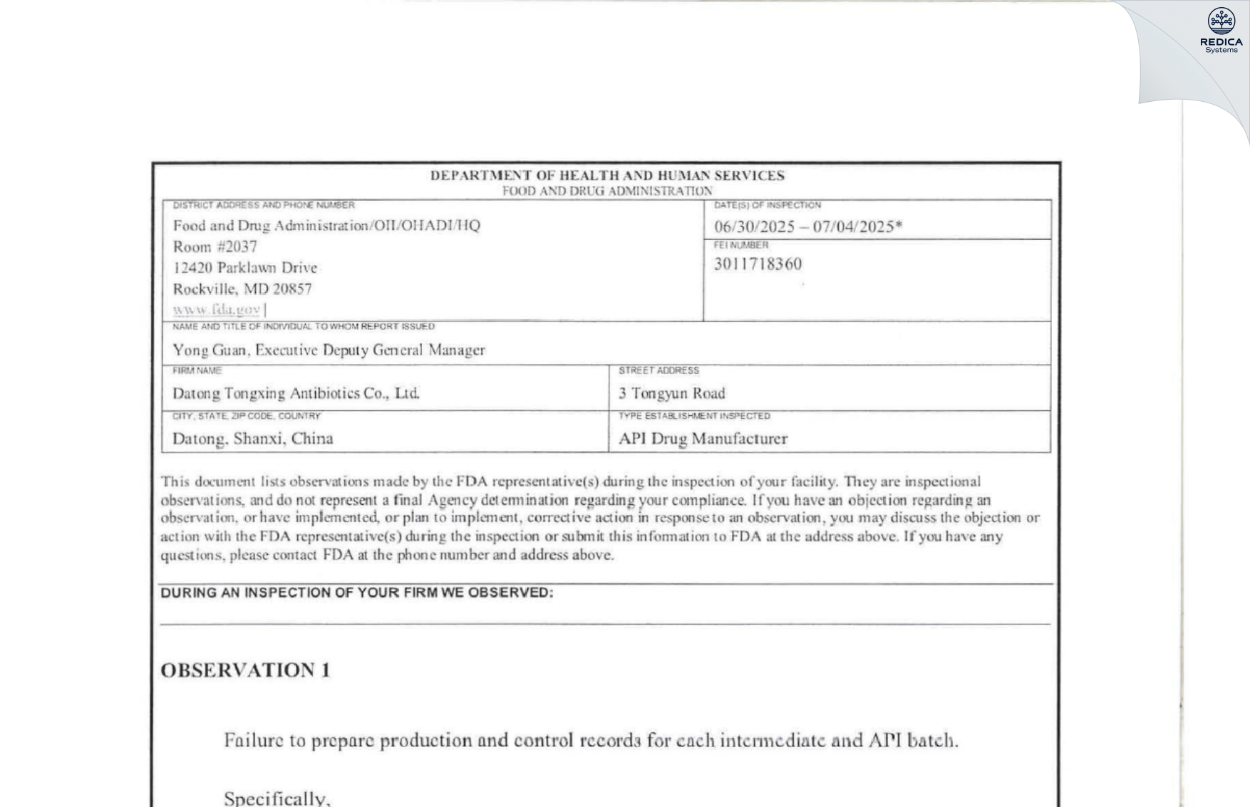 FDA 483 - Datong Tongxing Antibiotic Co., Ltd [Datong / China] - Download PDF - Redica Systems