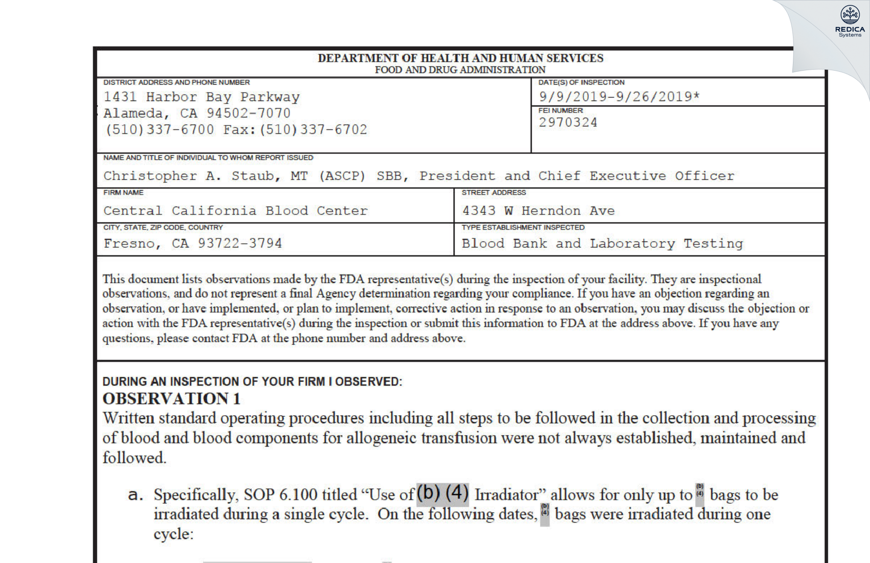 FDA 483 - Central California Blood Center [Fresno / United States of America] - Download PDF - Redica Systems