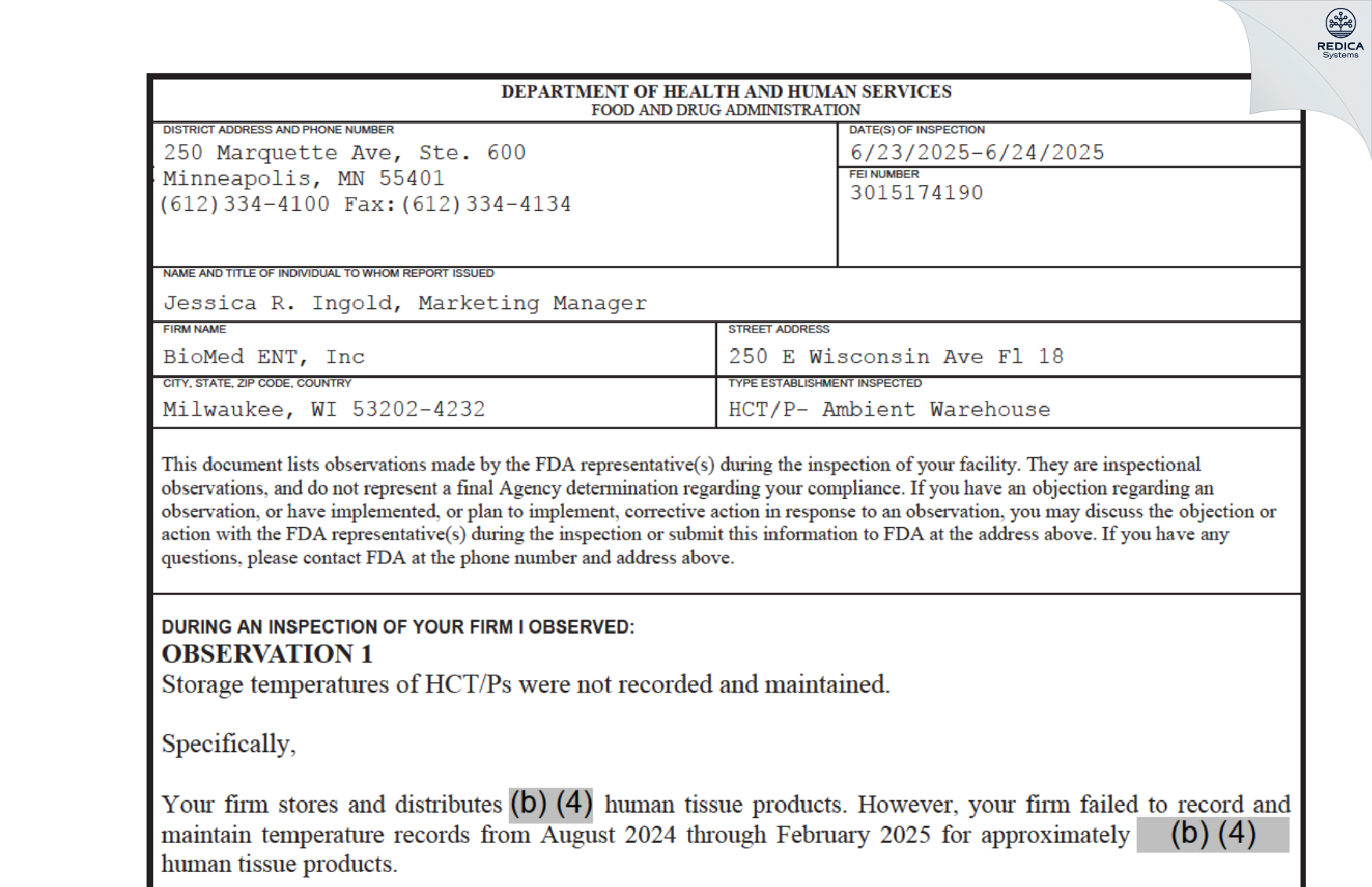FDA 483 - BIOMED ENT, INC [San Antonio / United States of America] - Download PDF - Redica Systems