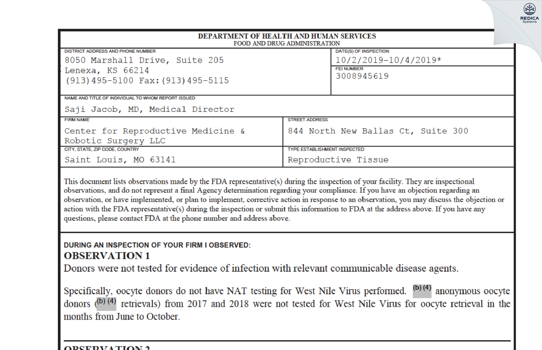 FDA 483 - Center for Reproductive Medicine & Robotic Surgery LLC [Saint Louis / United States of America] - Download PDF - Redica Systems