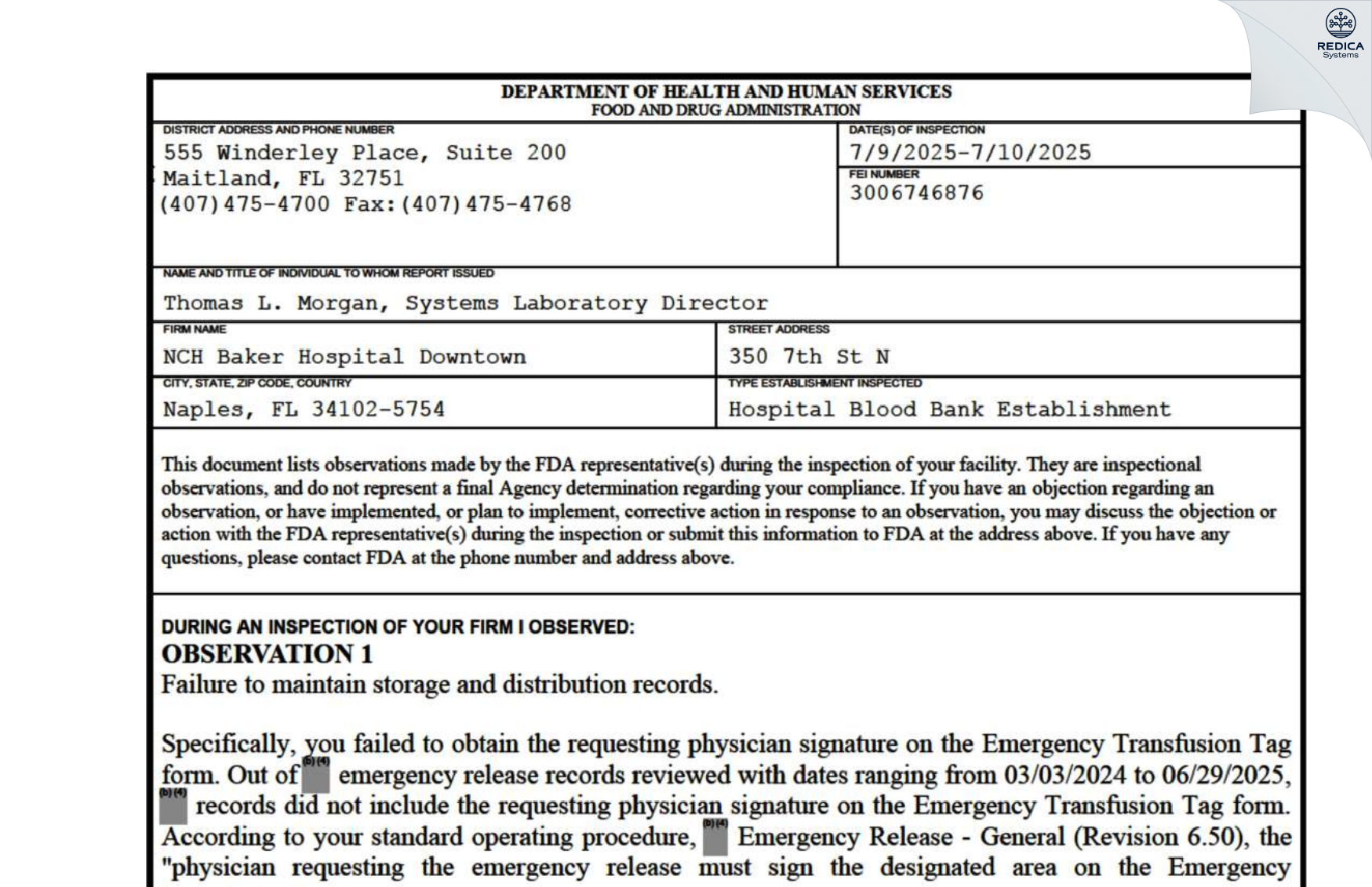FDA 483 - NCH Baker Hospital Downtown [Naples / United States of America] - Download PDF - Redica Systems